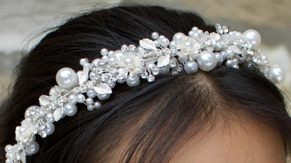 Bride wearing a handmade bridal tiara - best places to buy bridal tiaras in Australia and New Zealand