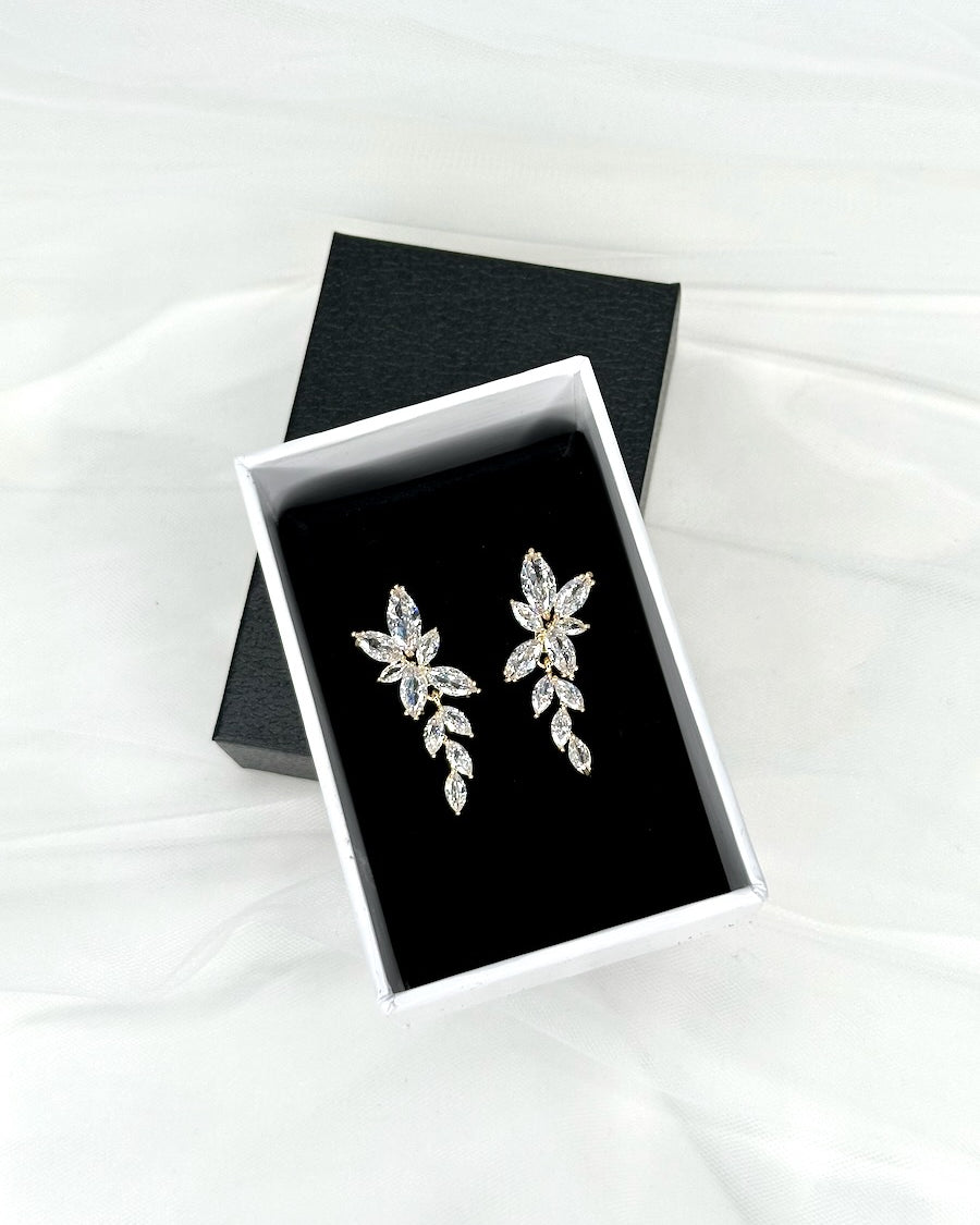 Celia Crystal Earrings in gold shown in a display box