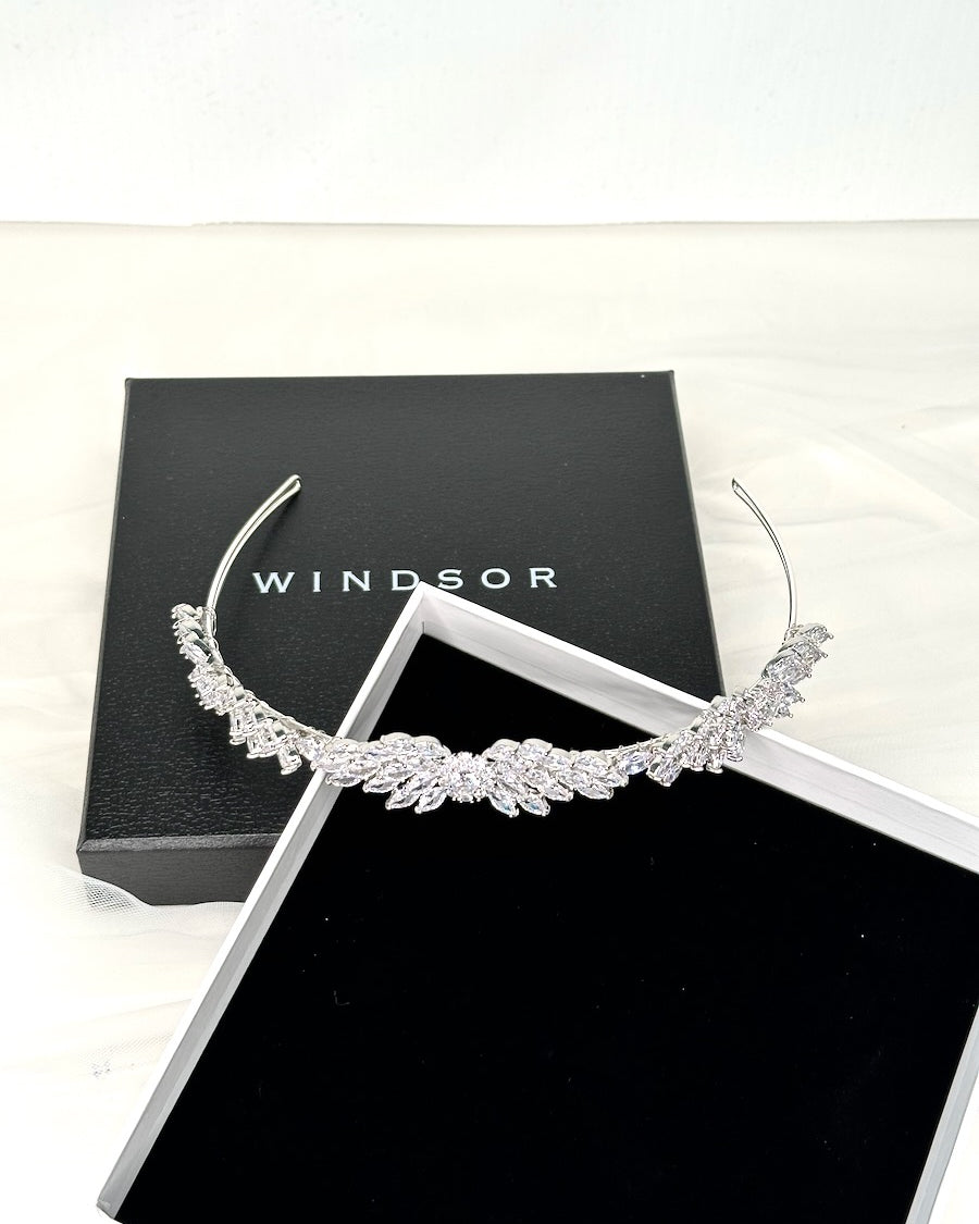 Loxley modern bridal headpiece silver in a display box