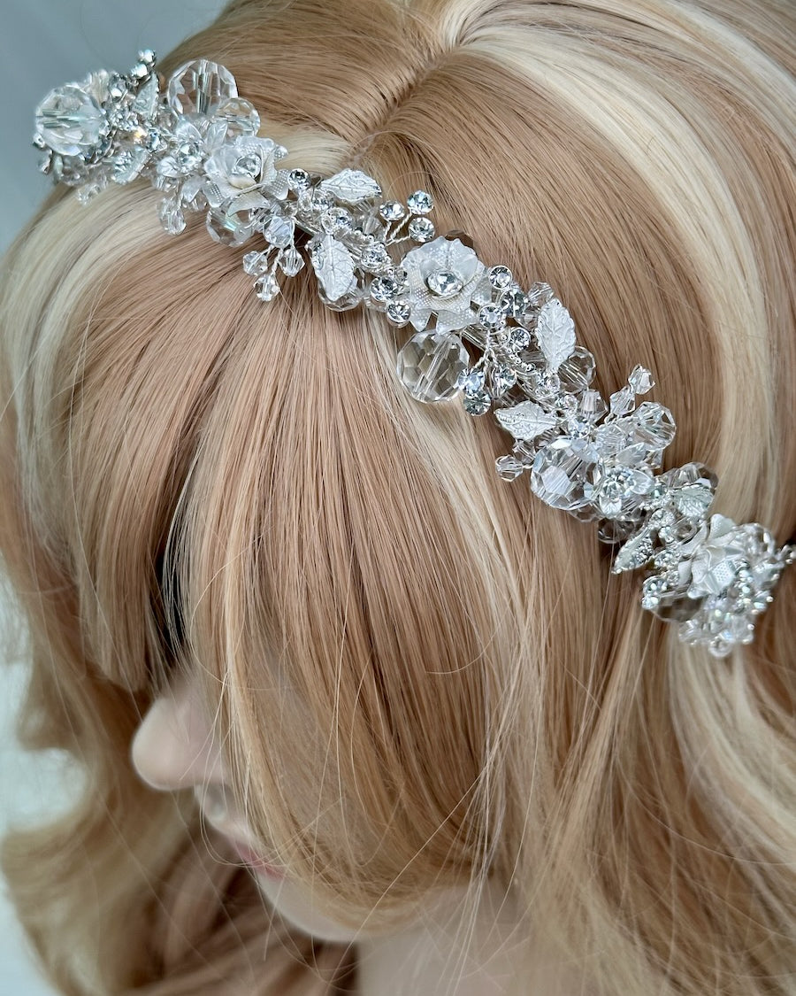 Close up of Quinn Silver Crystal headband on a model head