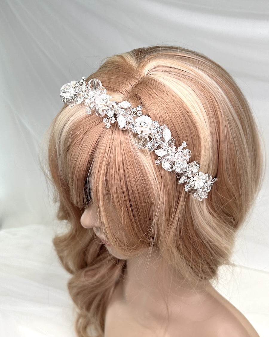 Quinn Silver Crystal Bridal Headband worn on a model head