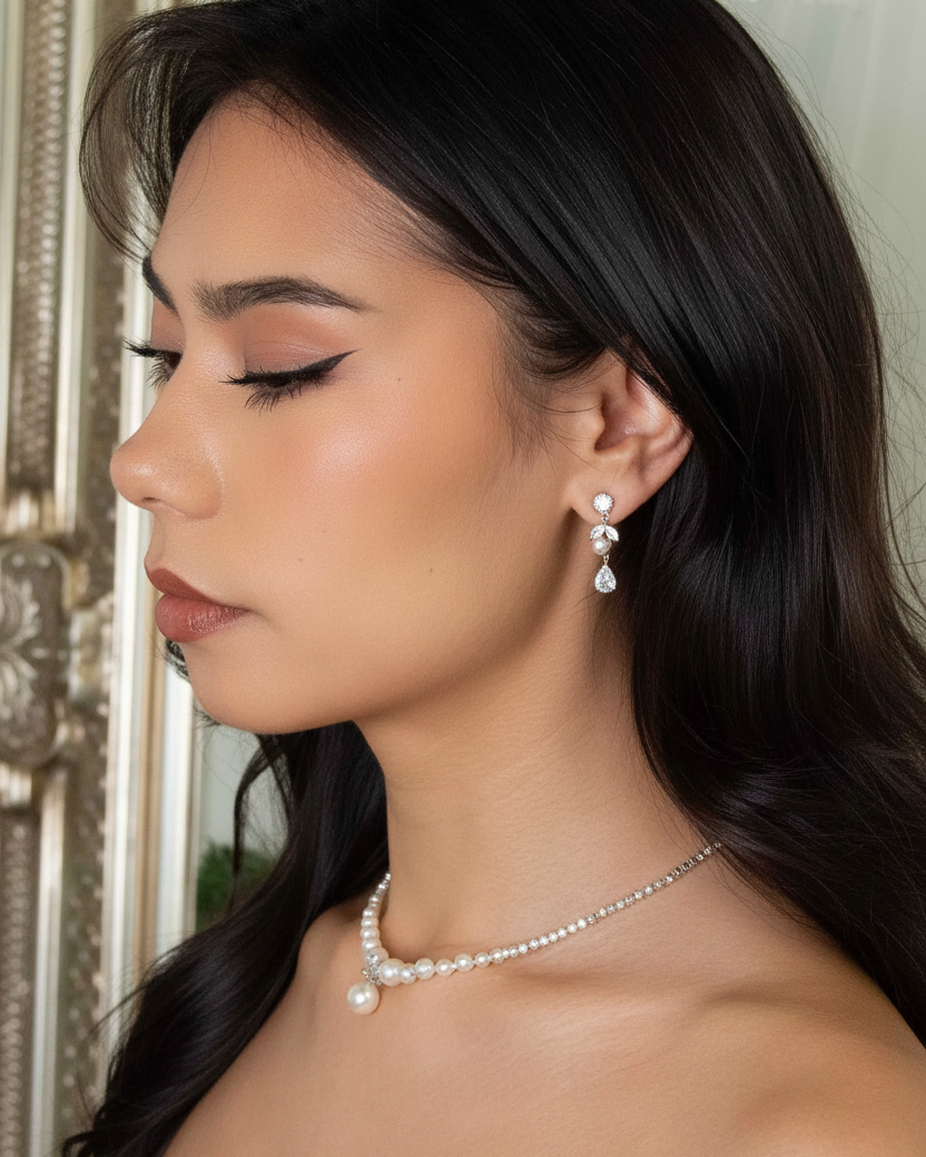 Bettie Gold Bridal Earring - bridal portrait on model