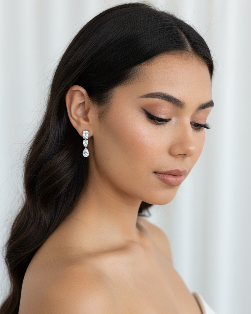 Ada White Gold Bridal Earring - front-facing bridal portrait on model