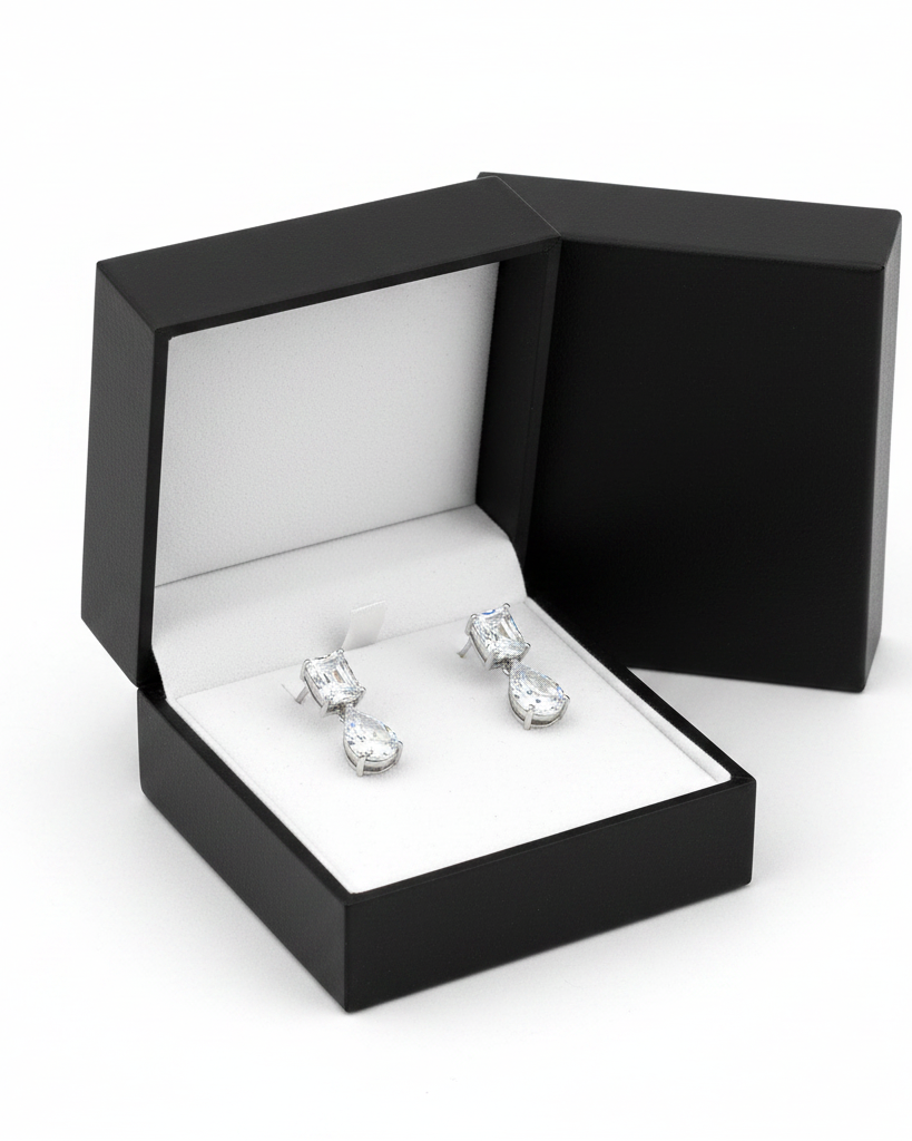 Ada White Gold Bridal Earring - black gift box packaging