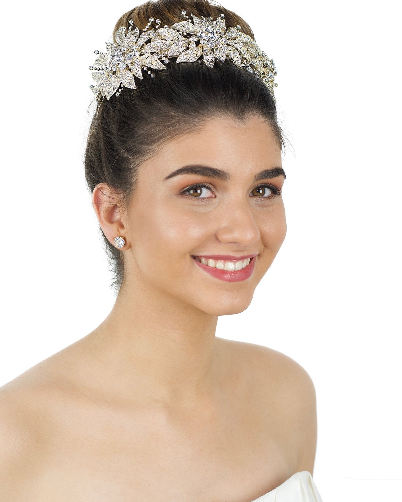 Bridal Crown in Pale Gold and large flowers worn by smiling bride