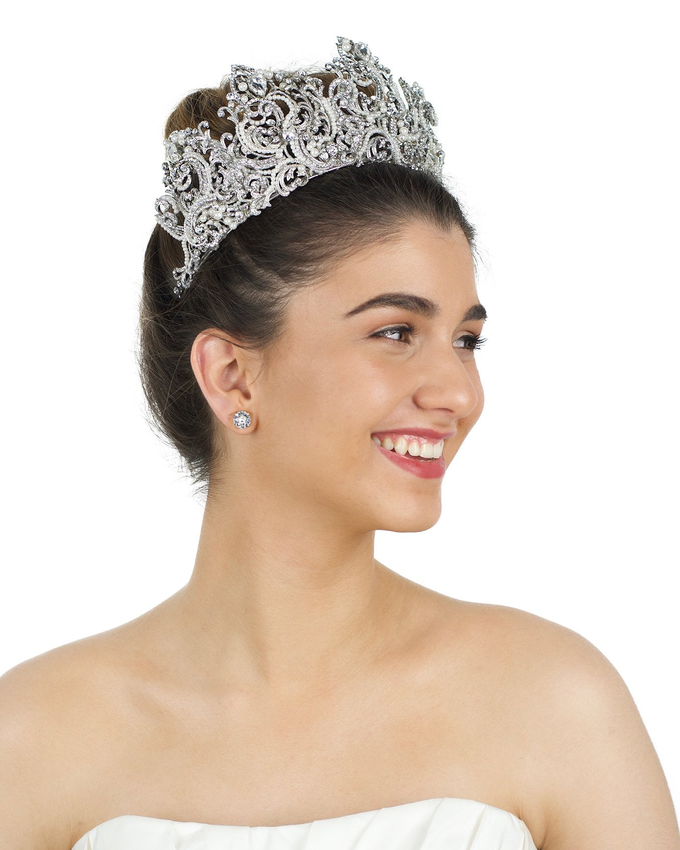 High Pearls Crown shown on a smiling bride with an up style hairdo