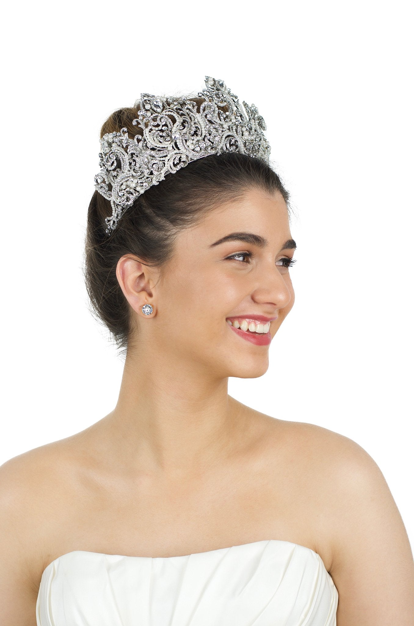 High Pearls Crown shown on a smiling bride with an up style hairdo