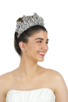High Pearls Crown shown on a smiling bride with an up style hairdo
