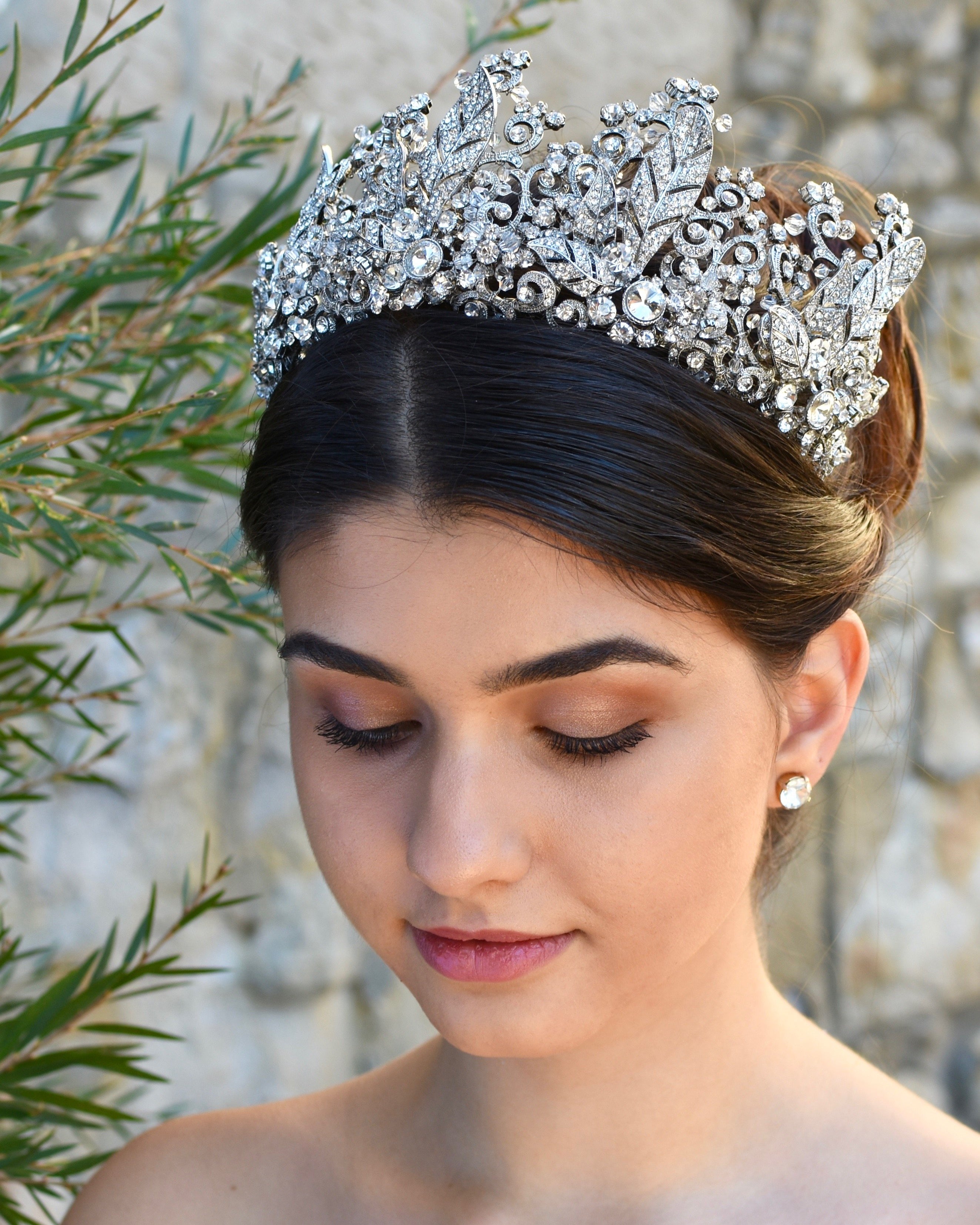 A High Tiara full of hundreds of tiny crystals worn by a dark haired Bride in a garden