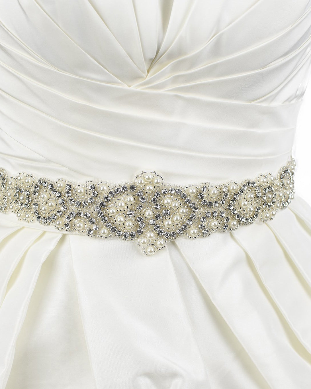 Pearls and Crystals Bridal belt on ivory satin ribbon worn on an ivory satin bridal gown