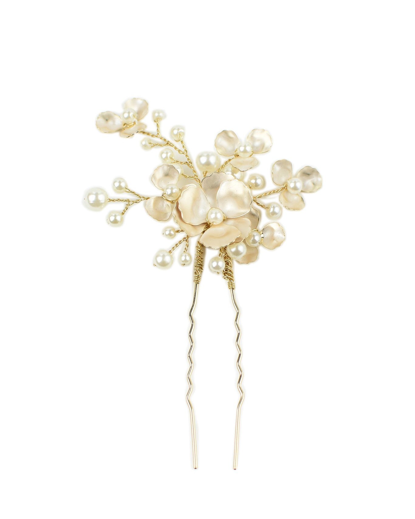 Small pearl and gold hairpin on a bright white background