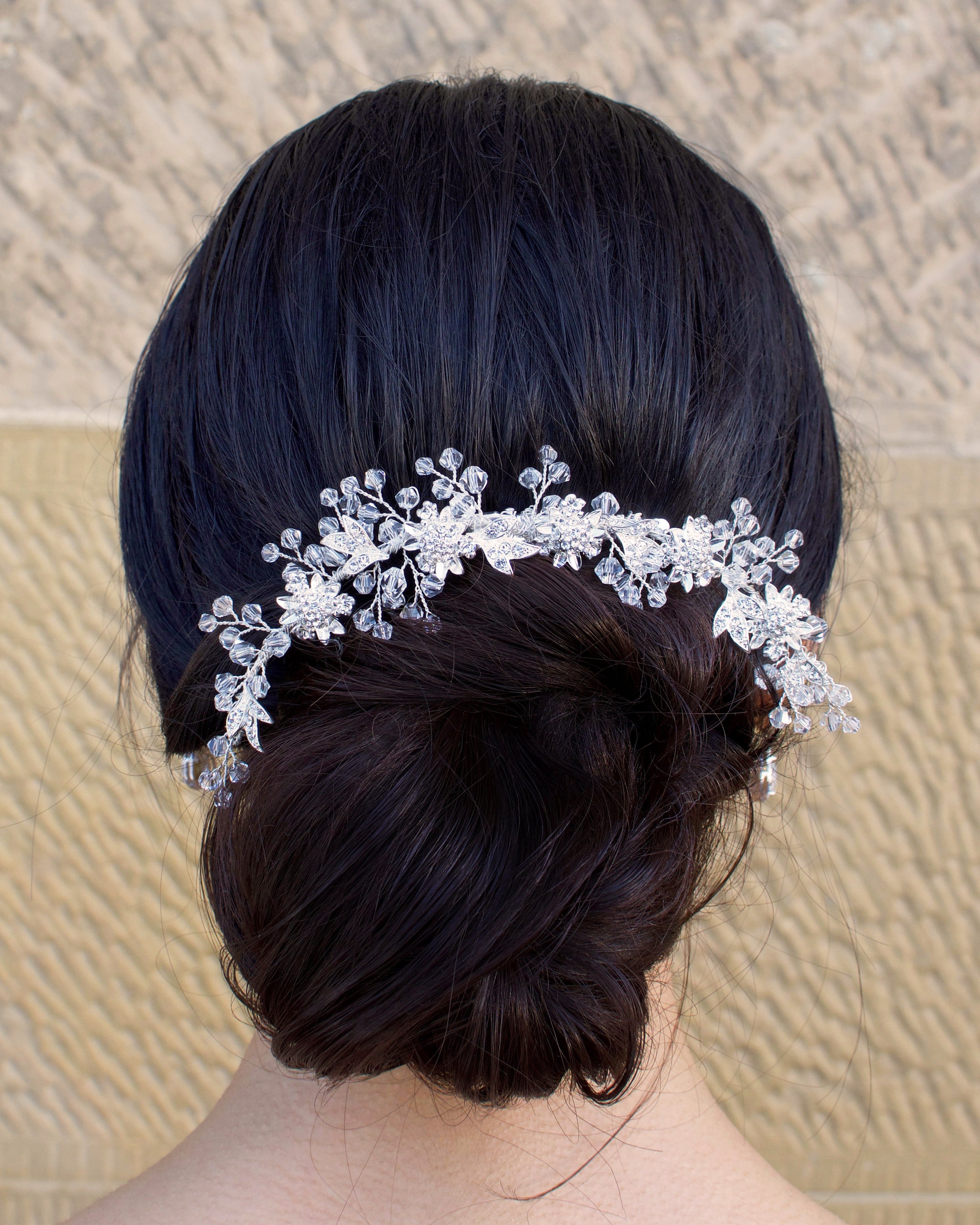 Silver Crystal Swarovski beads hair clip worn by a bride with her hair up