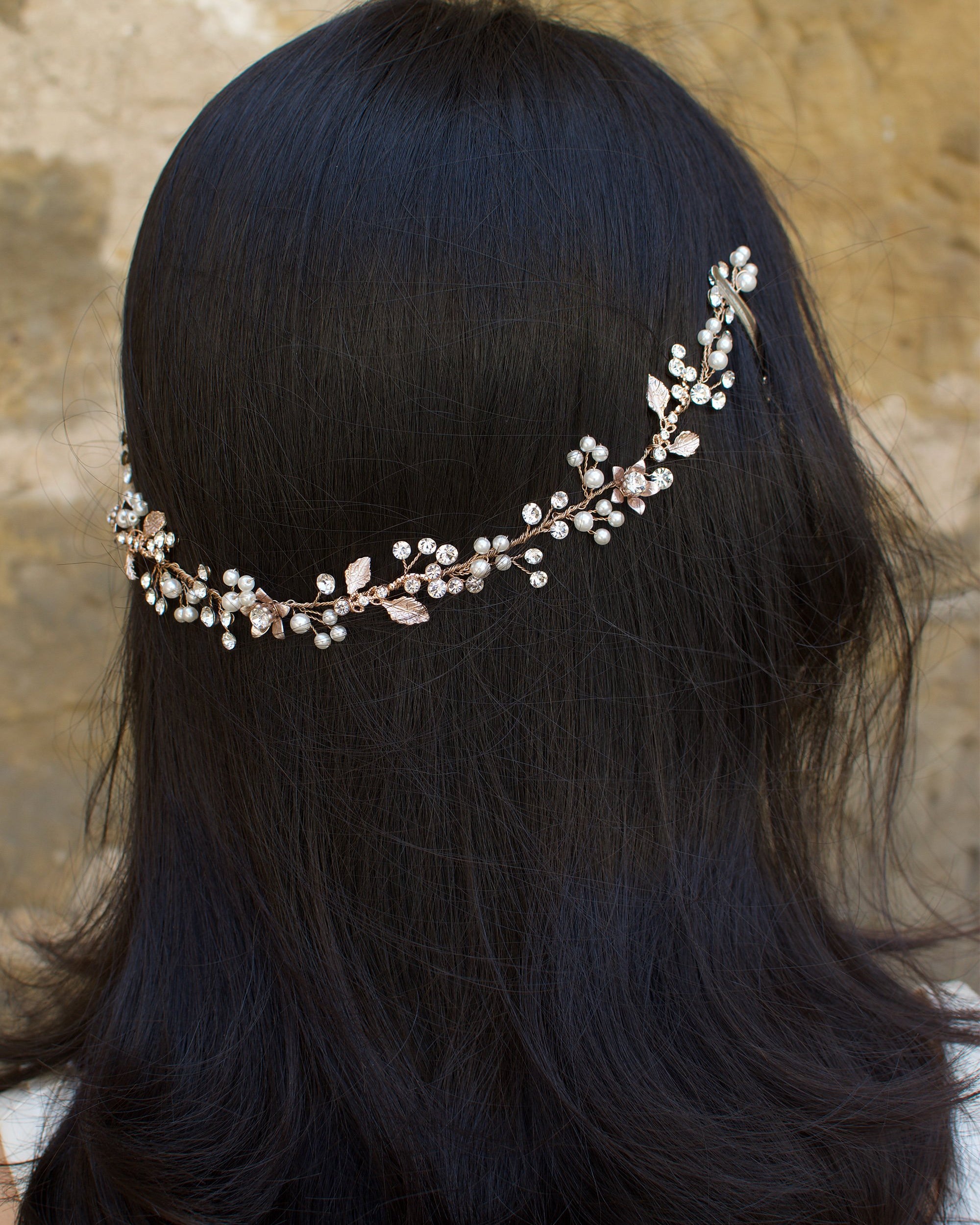 Rose Gold Long Vine with tiny leaves crystals and pearls on a dark hair model
