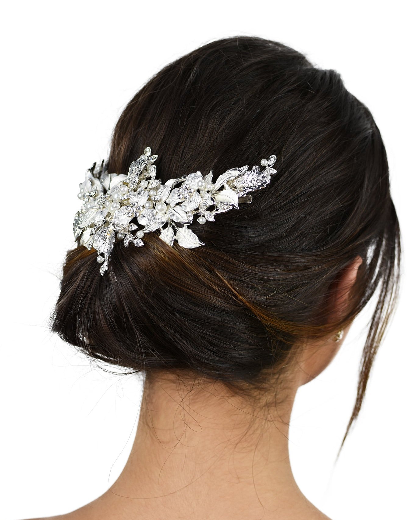 Short Wide Silver Vine with leaves and pearls worn at the back of a models head with a white background