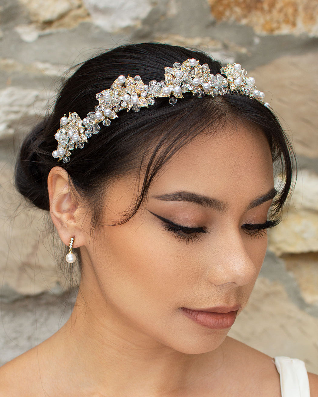 Edwina Gold Pearl crown by Windsor Bridal Jewellery