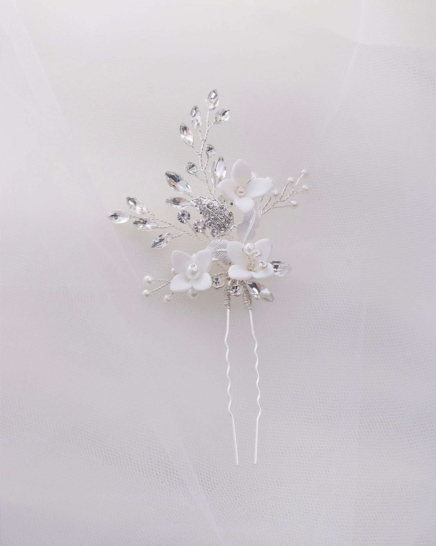 Lilith Silver Bridal Hair Pin with Porcelain Flowers — alternate view 3