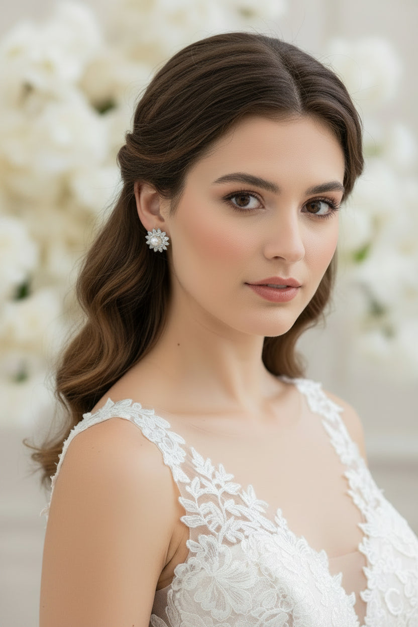 A pair of silver-toned flower-shaped stud earrings with white pearl centers and clear stones, presented in a white jewelry box with a black velvet insert.