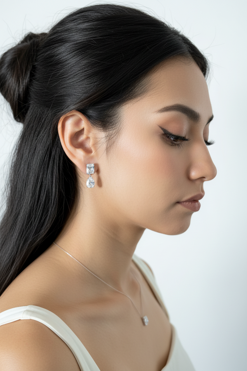 Ada White Gold Bridal Earring - close ear profile on model