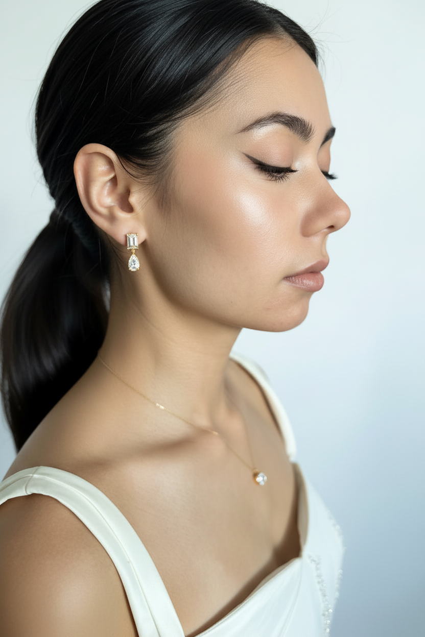 Ada Gold Crystal Bridal Earring - close ear profile on model
