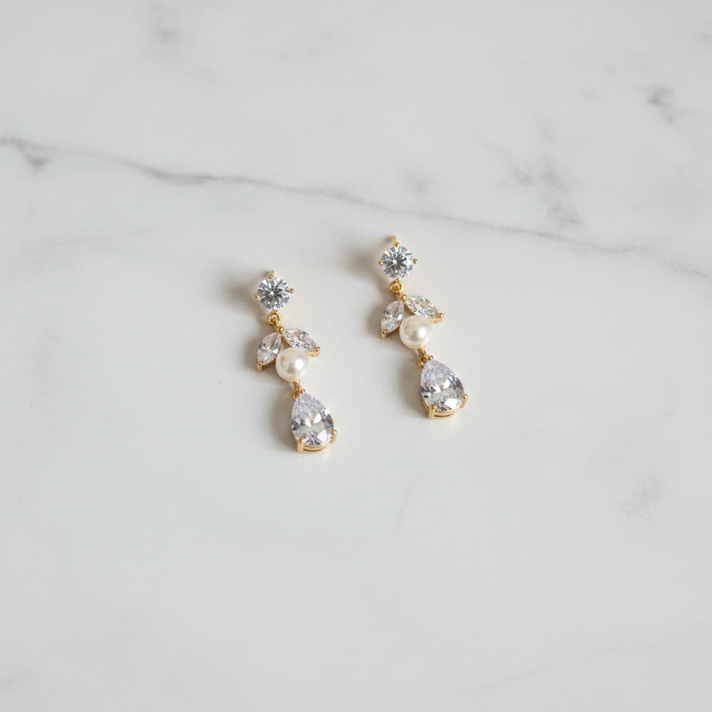 Bettie Gold Bridal Earring - white marble flat lay