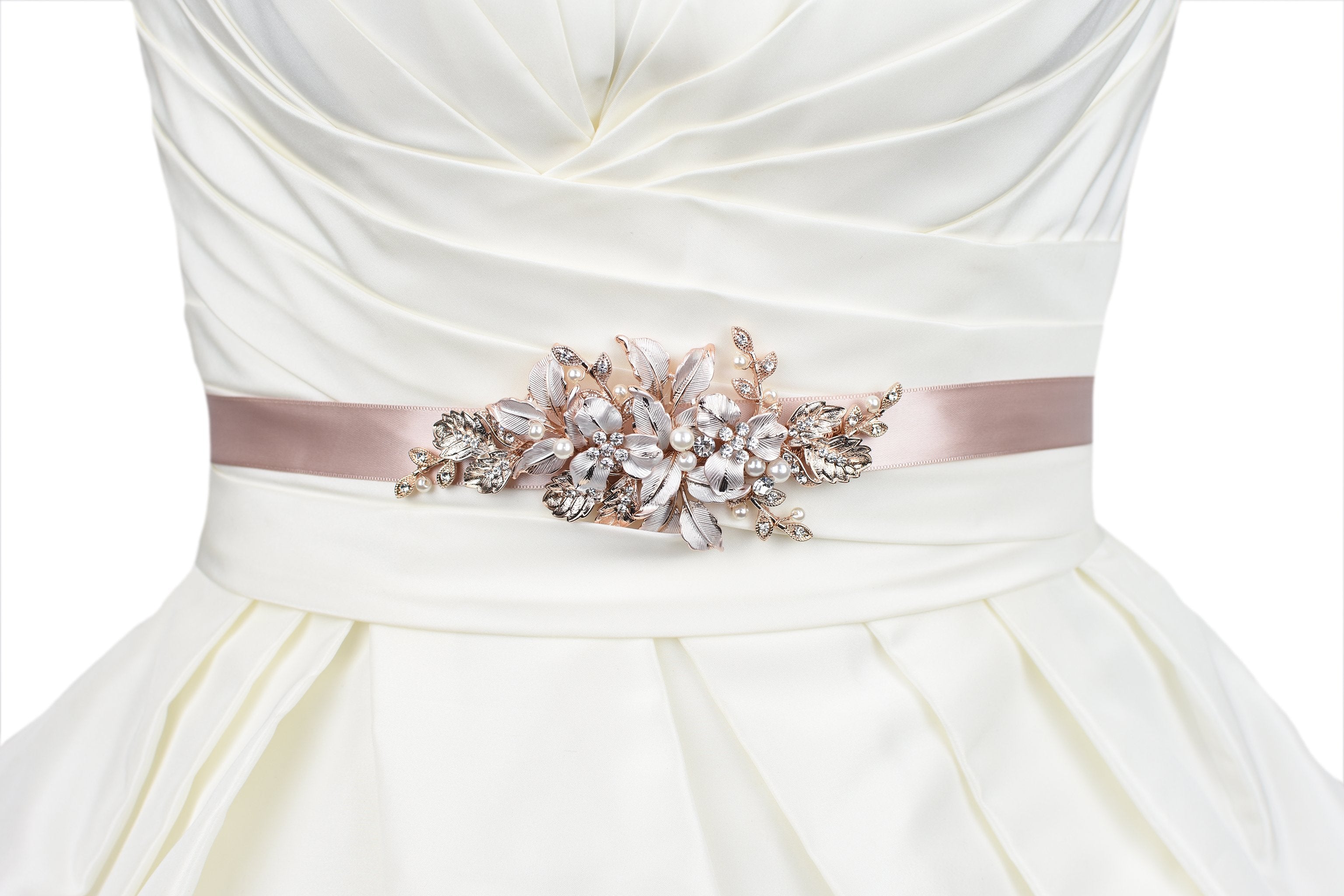 Pale Rose Gold Bridal Belt with leaves and flowers on matching dusty pink ribbon worn on an ivory bridal gown